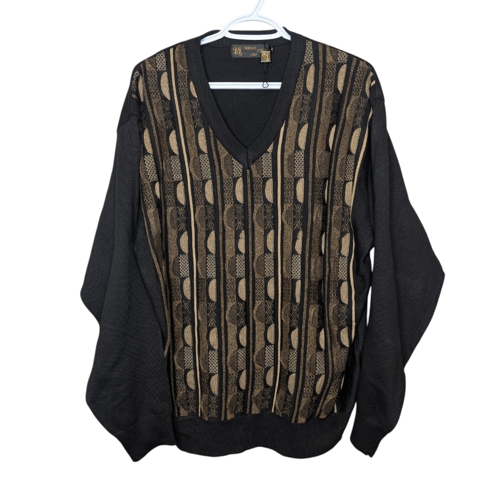 NWT Vintage Sergio Lewis V-Neck Knit Sweater Black Gold Pattern Wool Blend Men’s